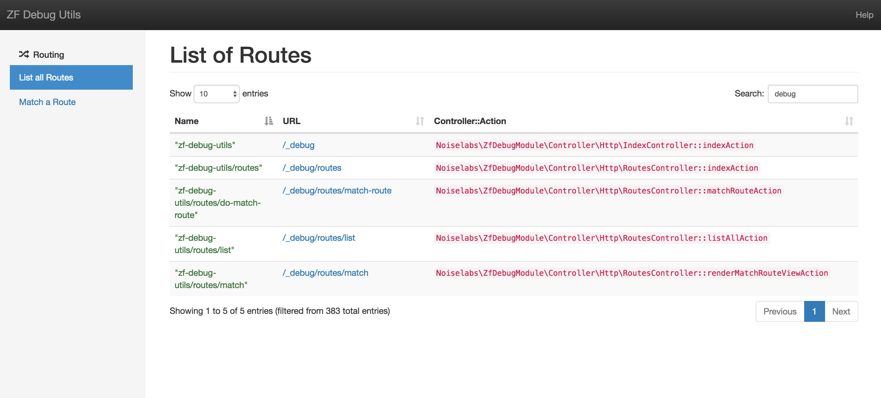 Debugging Zend Framework routes with ZF Debug Utils